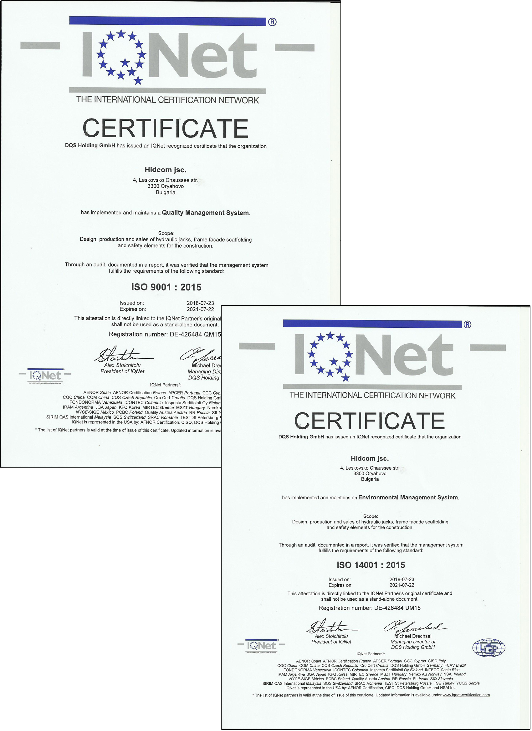 IQnet Certificates ISO 9001-2015 and 14001-2015